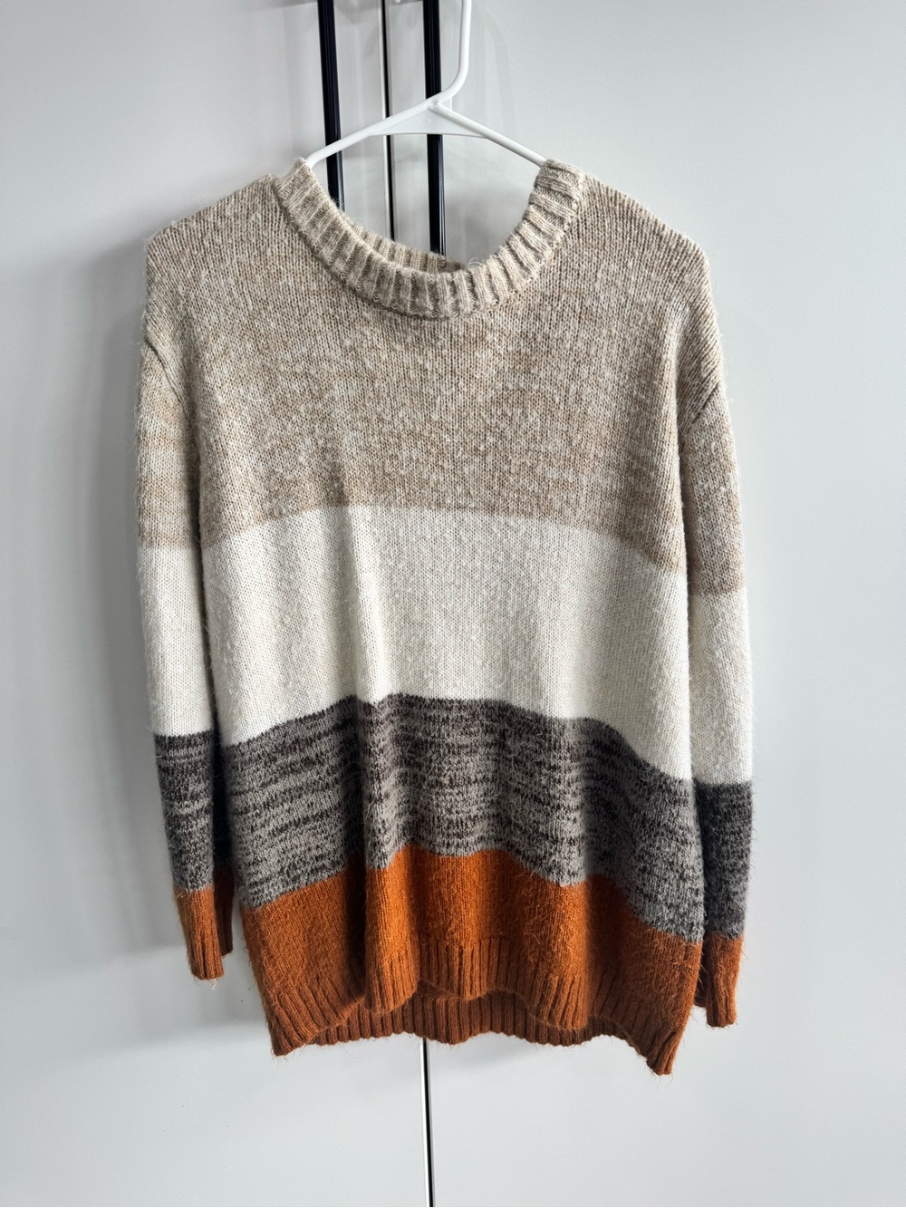 Pink Lily Striped Crewneck Sweater in Cream, Brown & Orange